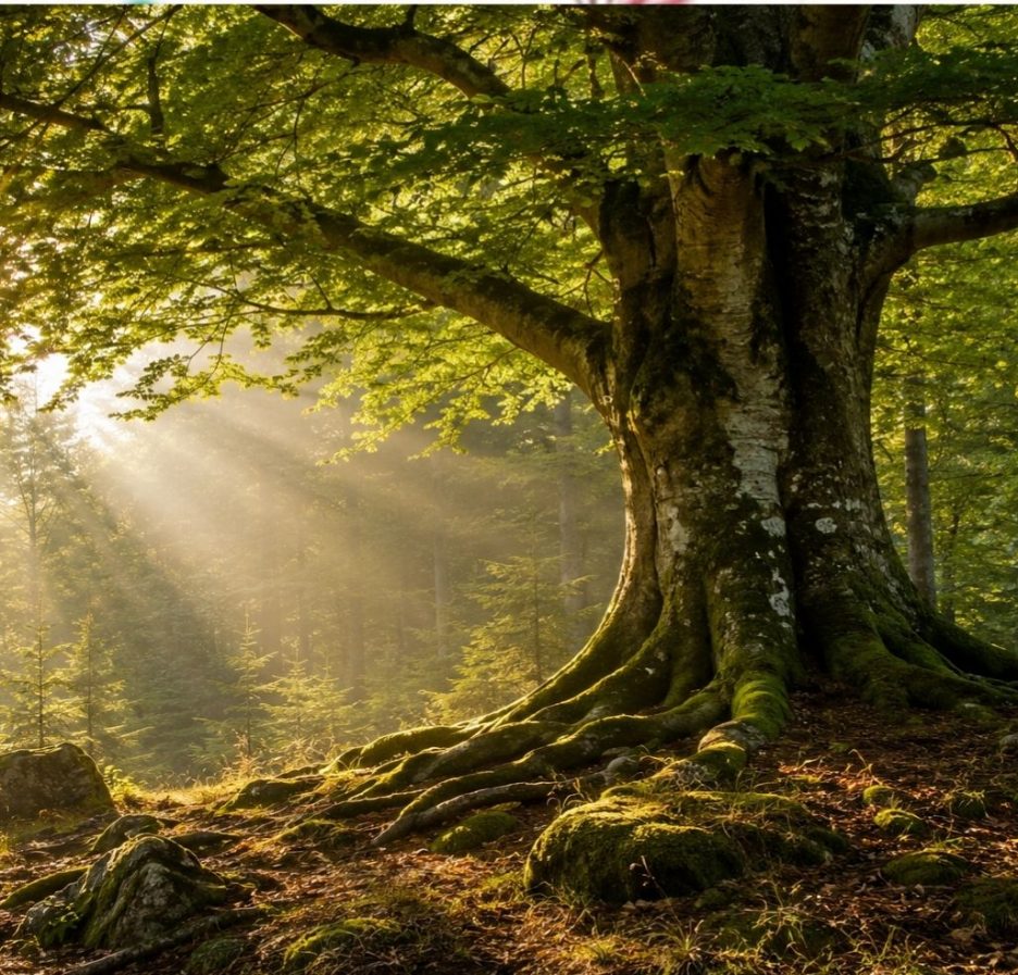 Ein alter, mächtiger Baum steht in einem lichtdurchfluteten Wald. Sonnenstrahlen fallen durch das dichte Blätterdach auf moosbedeckte Wurzeln, Felsen und den Waldboden.