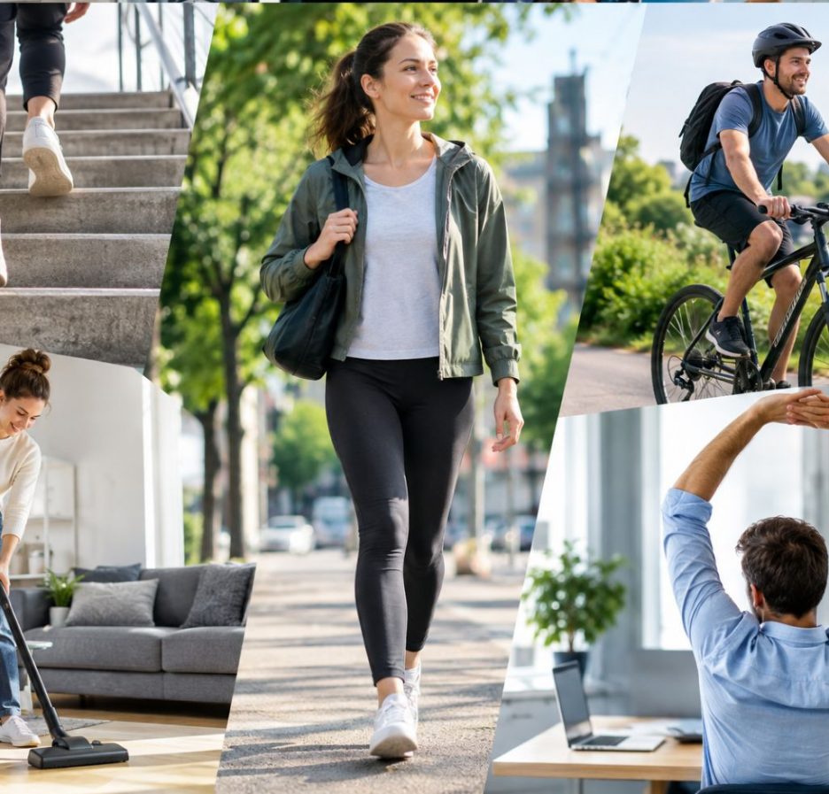 Menschen bei verschiedenen Alltagsaktivitäten wie Gehen, Treppensteigen, Radfahren, Hausarbeit und Dehnen
