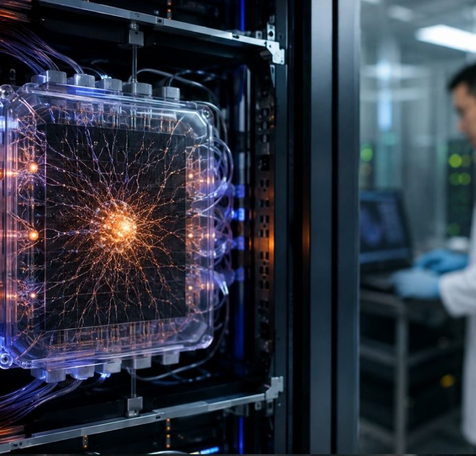 Futuristischer Serverschrank mit einem transparenten Modul, in dem ein leuchtendes Netzwerk aus künstlich gezüchteten Nervenzellen zu sehen ist. Im Hintergrund arbeitet eine Person im weißen Laborkittel.
