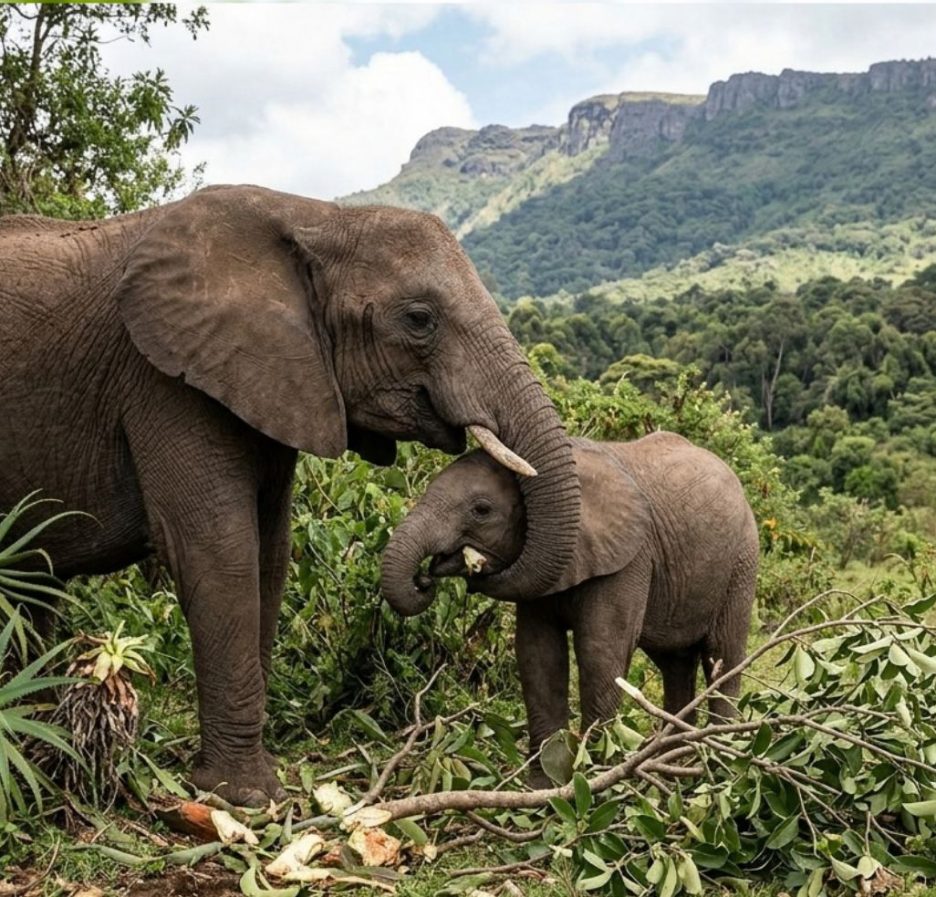 Afrikanische Elefantenkuh mit Kalb am Mount Elgon
