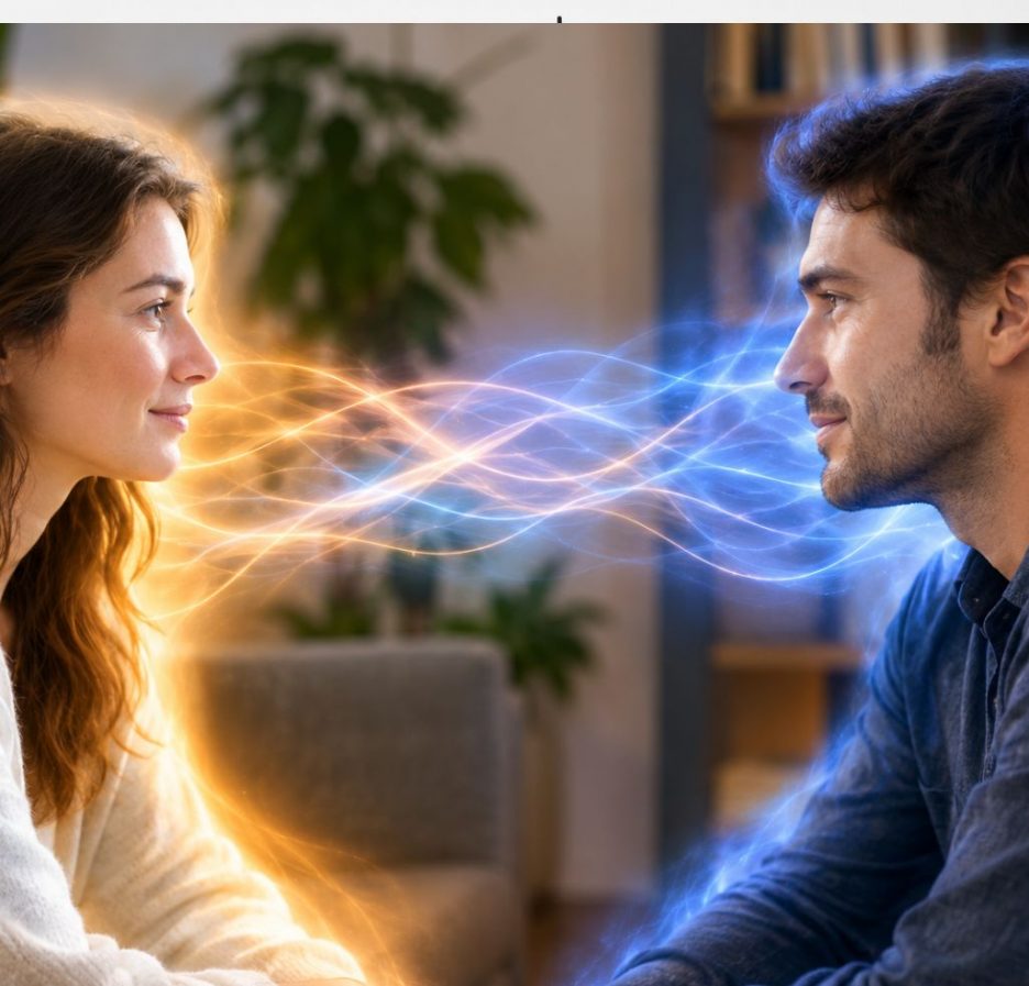 Eine Frau und ein Mann sitzen sich gegenüber und blicken sich an. Zwischen ihnen verbinden sich leuchtende goldene und blaue Lichtwellen.