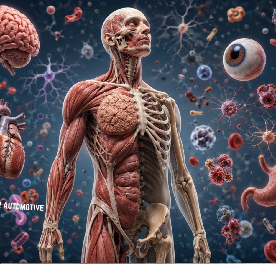 Anatomische Darstellung des menschlichen Körpers mit sichtbar dargestellten Muskeln und Knochen, umgeben von Gehirn, Herz, Lunge, Auge, Nervenzellen, Blutkörperchen und weiteren Organen.