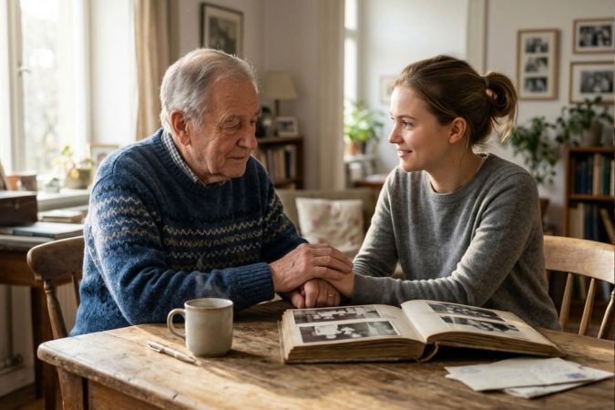 An einem rustikalen Holztisch sitzen ein älterer Mann und eine junge Frau einander gegenüber. Sie halten sich sanft die Hände über einem geöffneten, alten Fotoalbum.