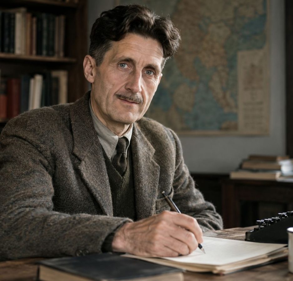 George Orwell an einem Schreibtisch beim Schreiben in einem historischen Arbeitszimmer mit Büchern, Landkarte und Schreibmaschine. KI