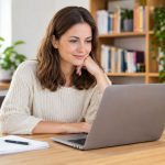 Frau sitzt mit einem Laptop an einem Schreibtisch in einem hellen, gemütlichen Arbeitszimmer.