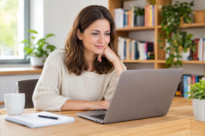 Frau sitzt mit einem Laptop an einem Schreibtisch in einem hellen, gemütlichen Arbeitszimmer.