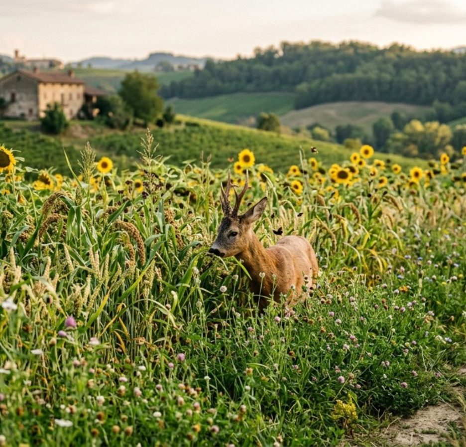 Ein Rehbock steht in einem unberührten, gemischten Feld mit Sonnenblumen, Hirse und Wildblumen, das von einem ländlichen toskanischen Bauernhaus und Weinbergen umgeben ist.