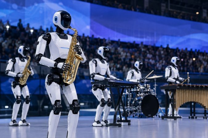 Humanoide Roboter spielen gemeinsam verschiedene Musikinstrumente auf einer futuristischen Bühne vor Publikum.