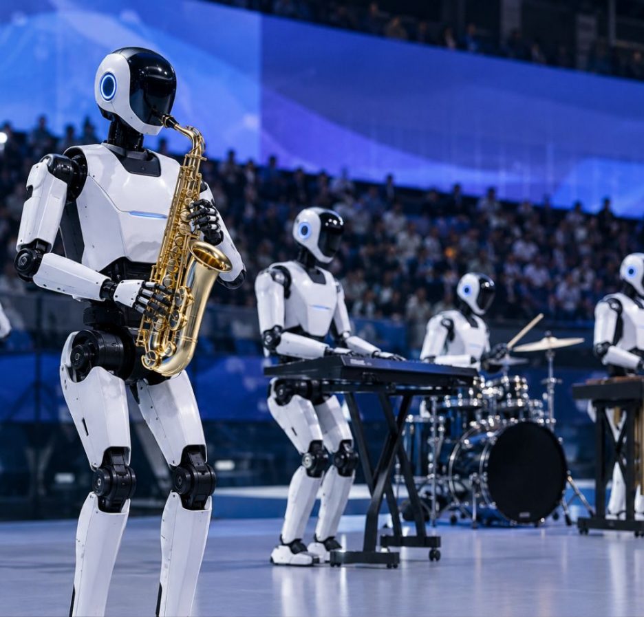 Humanoide Roboter spielen gemeinsam verschiedene Musikinstrumente auf einer futuristischen Bühne vor Publikum.