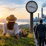 Geteilte Szene mit einer entspannten Frau am See und Berufstätigen auf dem Weg zur Arbeit, verbunden durch eine große Uhr als Symbol für den gesellschaftlichen Zeitdruck.