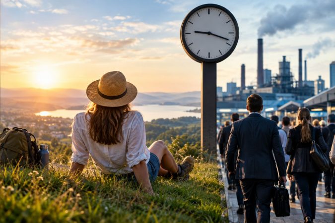 Geteilte Szene mit einer entspannten Frau am See und Berufstätigen auf dem Weg zur Arbeit, verbunden durch eine große Uhr als Symbol für den gesellschaftlichen Zeitdruck.