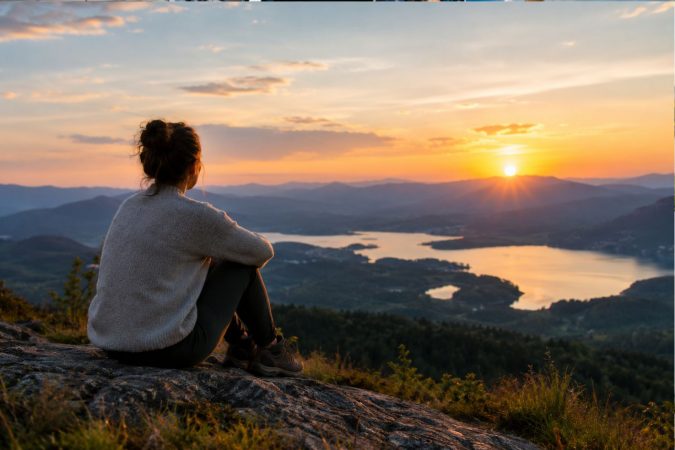 Eine Frau sitzt auf einem Felsen und blickt bei Sonnenuntergang über eine nebelige Berglandschaft mit einem glitzernden See.