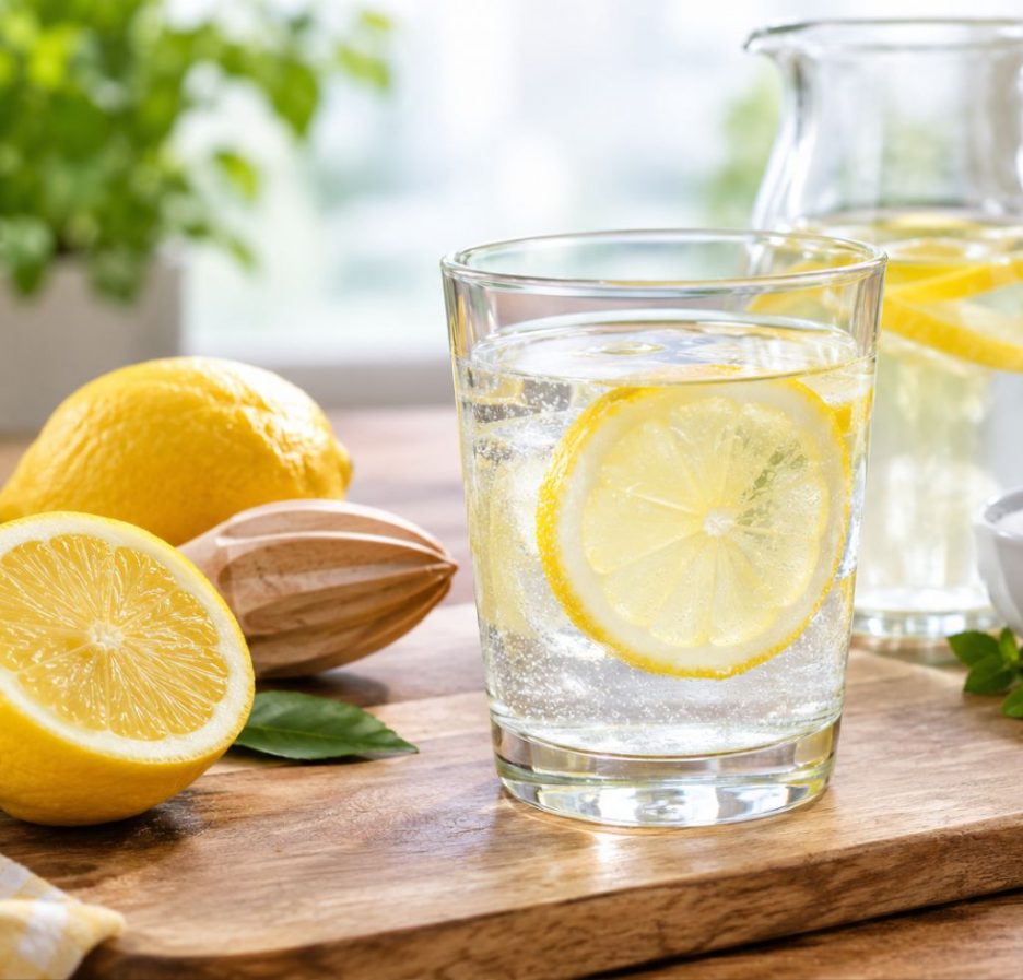Zitronenwasser mit Zitronenscheibe in einem Glas, dazu frische Zitronen, eine Zitronenpresse und ein Krug auf einem Holztisch.