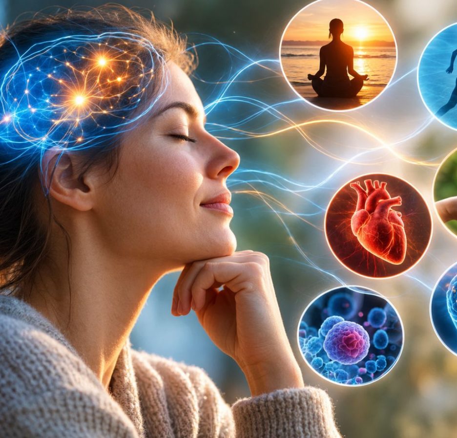 Frau mit geschlossenem Blick und leuchtend dargestelltem Gehirn, verbunden mit Symbolbildern für Meditation, Bewegung, Herz, Zellen und Pflanzen.