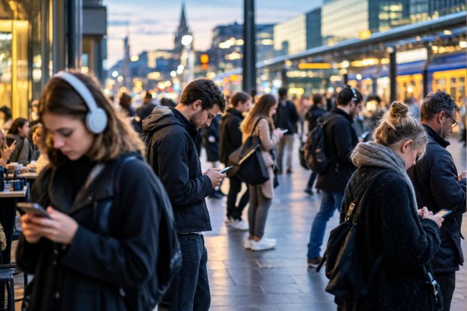 Menschen in einer belebten Innenstadt warten und gehen mit Smartphones, während viele ihre Umgebung kaum wahrnehmen.