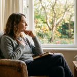 Frau sitzt mit einem Buch in einem Sessel neben einem großen Fenster und blickt nachdenklich nach draußen.