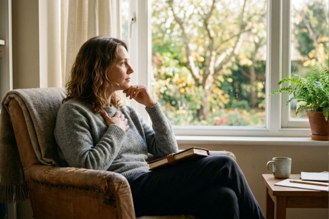 Frau sitzt mit einem Buch in einem Sessel neben einem großen Fenster und blickt nachdenklich nach draußen.