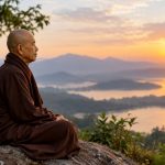 Ein buddhistischer Mönch sitzt in ruhiger Haltung auf einem Felsen und blickt auf eine von Bergen umgebene Seenlandschaft im warmen Licht der untergehenden Sonne.