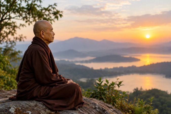 Ein buddhistischer Mönch sitzt in ruhiger Haltung auf einem Felsen und blickt auf eine von Bergen umgebene Seenlandschaft im warmen Licht der untergehenden Sonne.