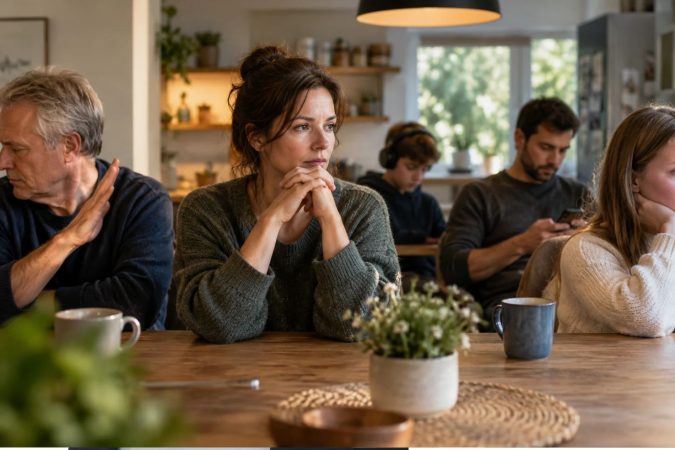 Familie sitzt schweigend am Küchentisch. Während eine Frau nachdenklich ins Leere blickt, wenden sich die anderen Familienmitglieder ab oder beschäftigen sich mit ihrem Smartphone. Die angespannte Atmosphäre verdeutlicht die emotionale Distanz und Kommunikationsprobleme innerhalb der Familie.