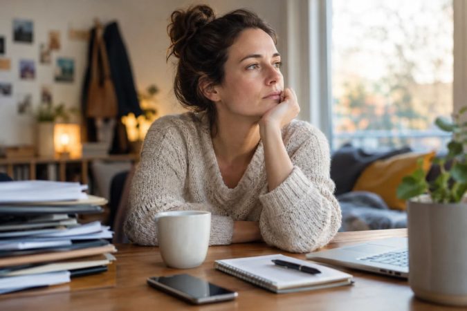 Eine nachdenkliche Frau sitzt in einem gemütlichen Wohnraum am Schreibtisch und blickt aus dem Fenster. Vor ihr liegen Unterlagen, ein Laptop, ein Notizbuch und eine Tasse Kaffee.
